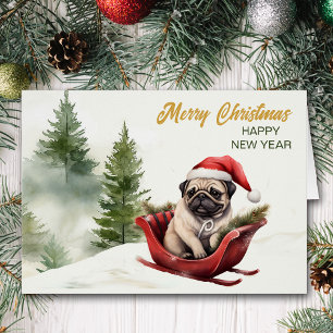 Santa Claus Pug on Sled Christmas Cards