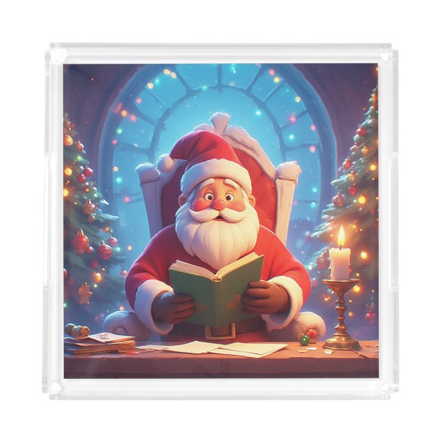 Santa Claus Reading a Book by Candlelight Acrylic Tray (Front)