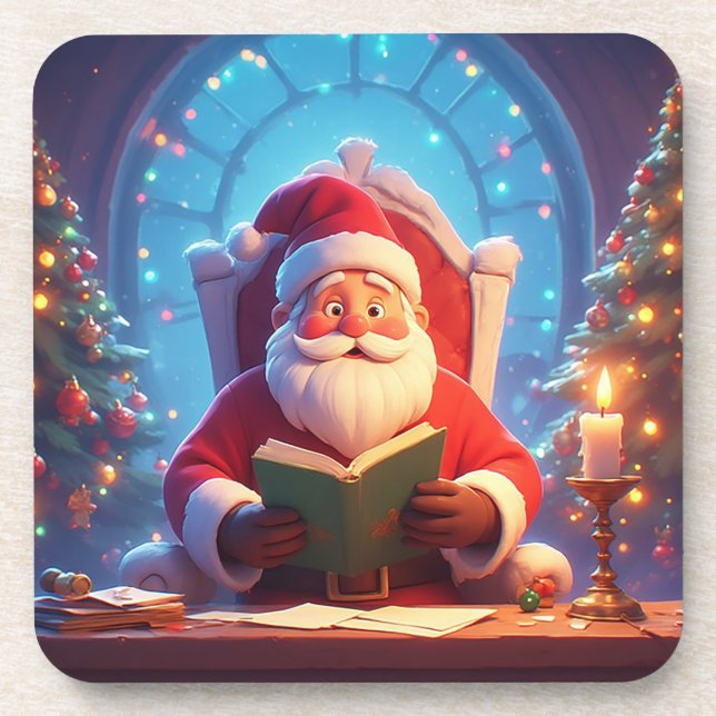 Santa Claus Reading a Book by Candlelight Beverage Coaster (Front)