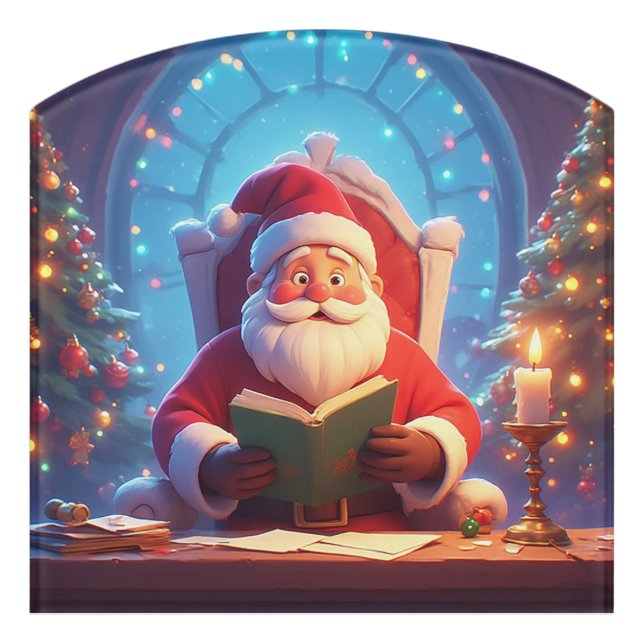 Santa Claus Reading a Book by Candlelight Door Sign (Contour Front)