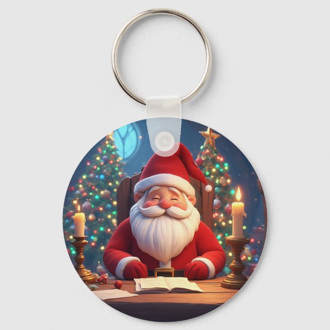 Santa Claus Reading a Book by Candlelight Keychain (Front)
