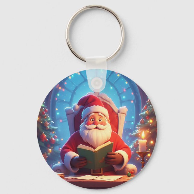 Santa Claus Reading a Book by Candlelight Keychain (Front)
