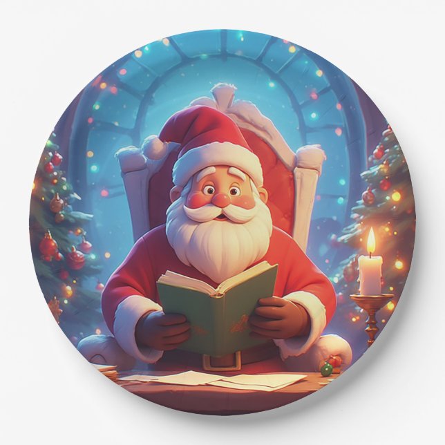 Santa Claus Reading a Book by Candlelight Paper Plates (Front)