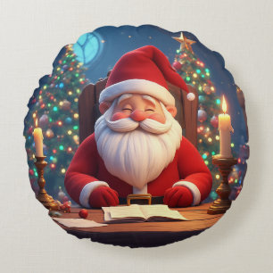 Santa Claus Reading a Book by Candlelight Round Pillow