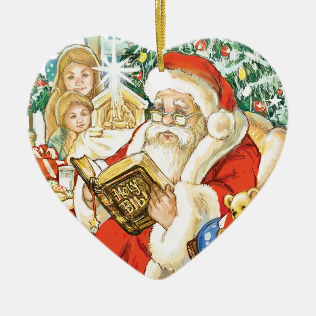 Santa Claus Reading the Bible on Christmas Eve Ceramic Ornament (Front)