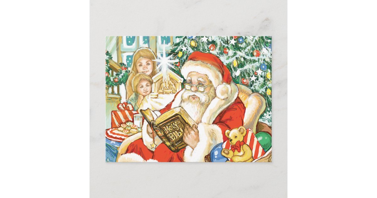 Santa Claus Reading The Bible On Christmas Eve Holiday Postcard