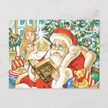 Santa Claus Reading The Bible On Christmas Eve Holiday Postcard by gingerbreadwishes at Zazzle