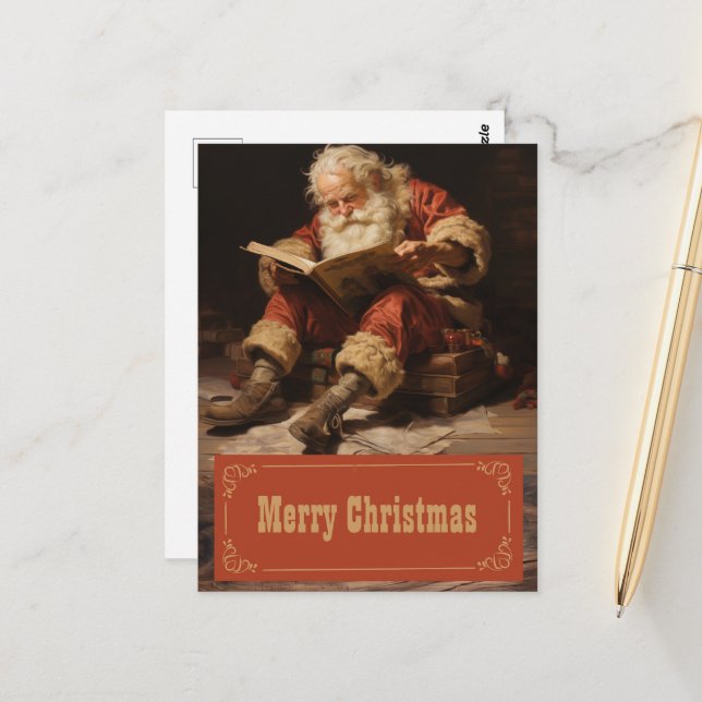Santa claus reading the book Painting Art Postcard (Front/Back In Situ)