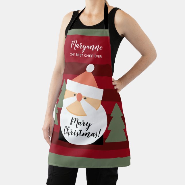 Santa Claus Red Striped Add Name Merry Christmas Apron (Insitu)