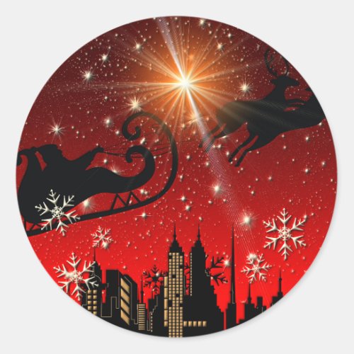 Santa Claus Reindeer and Sleigh Flying Classic Round Sticker