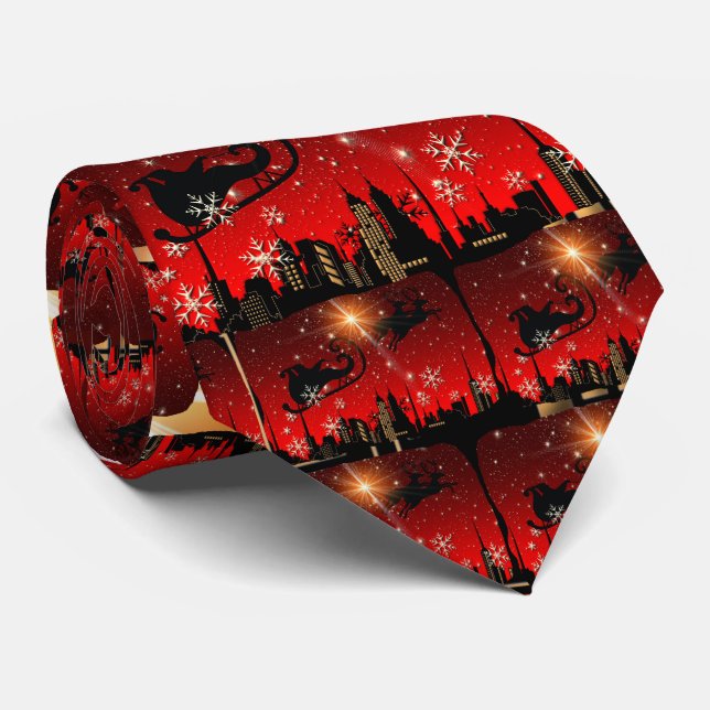 Santa Claus Reindeer and Sleigh Flying Neck Tie (Rolled)