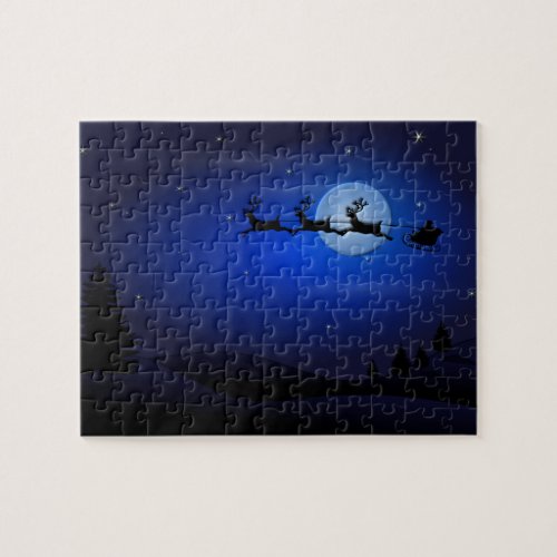 Santa Claus Reindeer and Sleigh over Moon Jigsaw Puzzle
