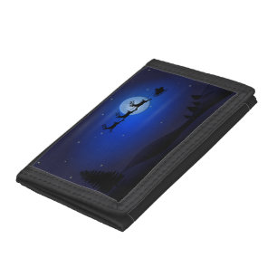 Santa Claus Reindeer and Sleigh over Moon Trifold Wallet
