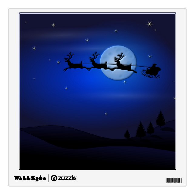 Santa Claus Reindeer and Sleigh over Moon Wall Decal (Front)