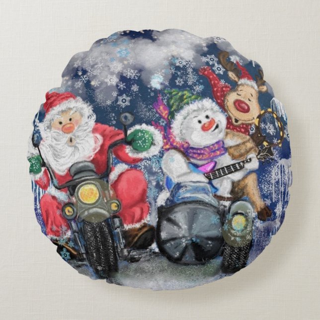 Santa Claus Reindeer and Snowman Round Pillow (Front)