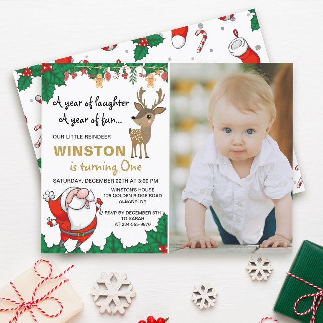 Santa Claus Reindeer Christmas Birthday photo Invitation (Creator Uploaded)