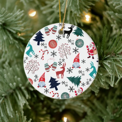 Santa Claus Reindeer Pine Trees Mittens Ceramic Ornament