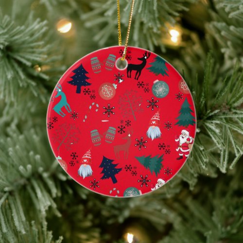  Santa Claus Reindeer Pine Trees Mittens Ceramic Ornament