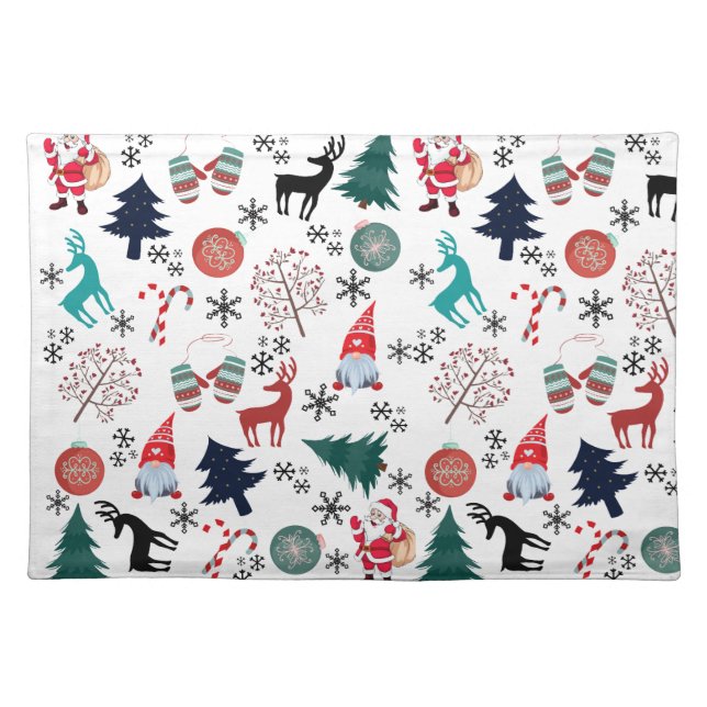 Santa Claus Reindeer Pine Trees Mittens Cloth Placemat (Front)