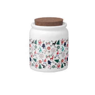 Santa Claus Reindeer Pine Trees Mittens Pattern Candy Jar