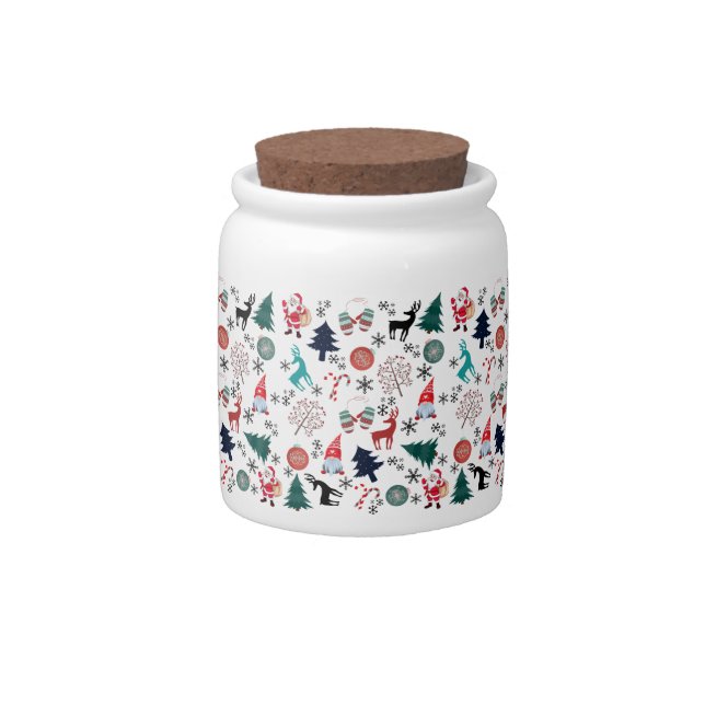 Santa Claus Reindeer Pine Trees Mittens Pattern Candy Jar (Front)