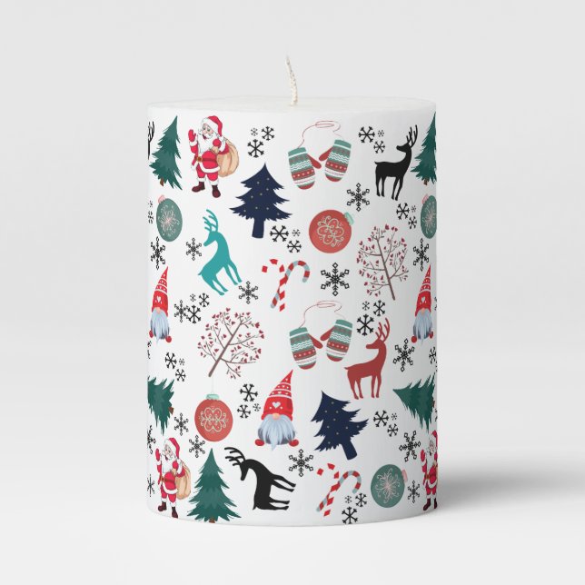 Santa Claus Reindeer Pine Trees Mittens Pillar Candle (Front)