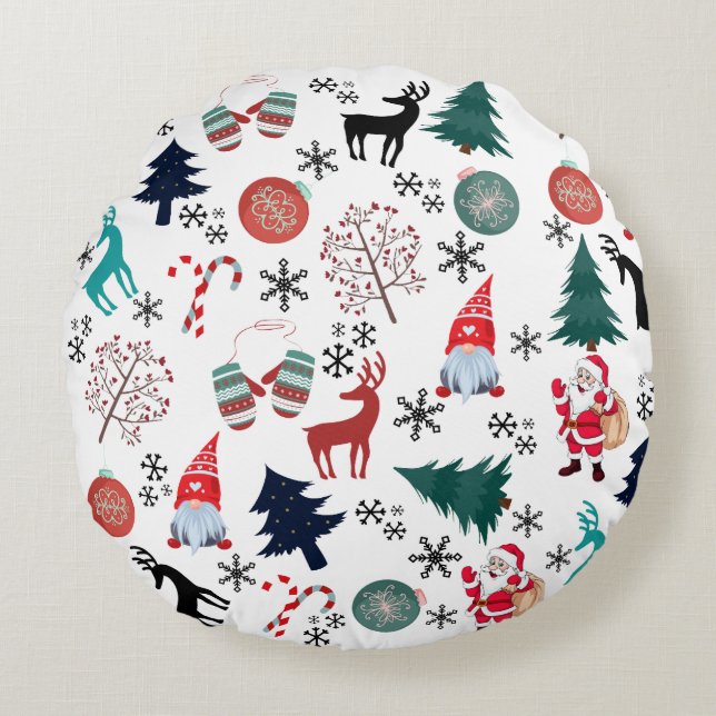 Santa Claus Reindeer Pine Trees Mittens Round Pillow (Front)