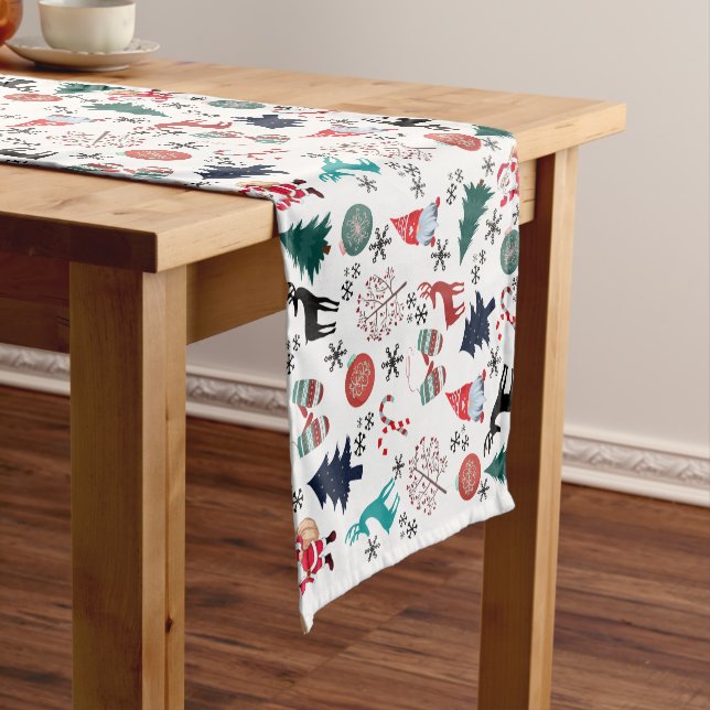 Santa Claus Reindeer Pine Trees Mittens Short Table Runner (In Situ)