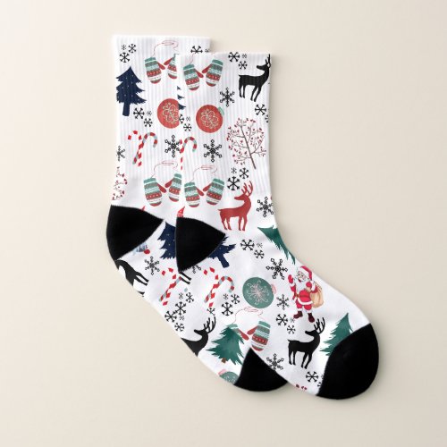 Santa Claus Reindeer Pine Trees Mittens Socks