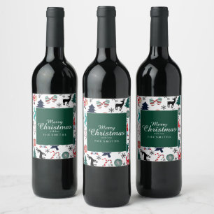 Santa Claus Reindeer Pine Trees Mittens Wine Label