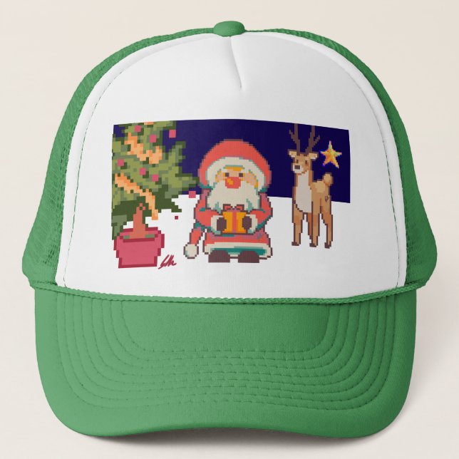 Santa Claus, Reindeer Pixel Art Trucker Hat (Front)