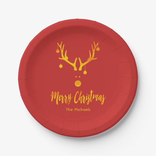 Santa Claus reindeer Rudolph in faux gold on red Paper Plates (Front)