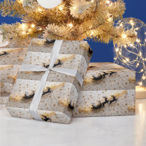 Santa Claus Reindeer Sleigh Gold Stars Christmas Wrapping Paper