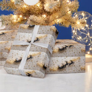  Santa Claus Reindeer Sleigh Gold Stars Christmas Wrapping Paper