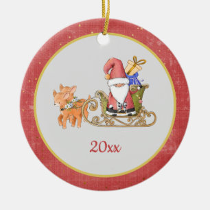 Santa Claus Reindeer Sleigh Year Name Ceramic Ornament