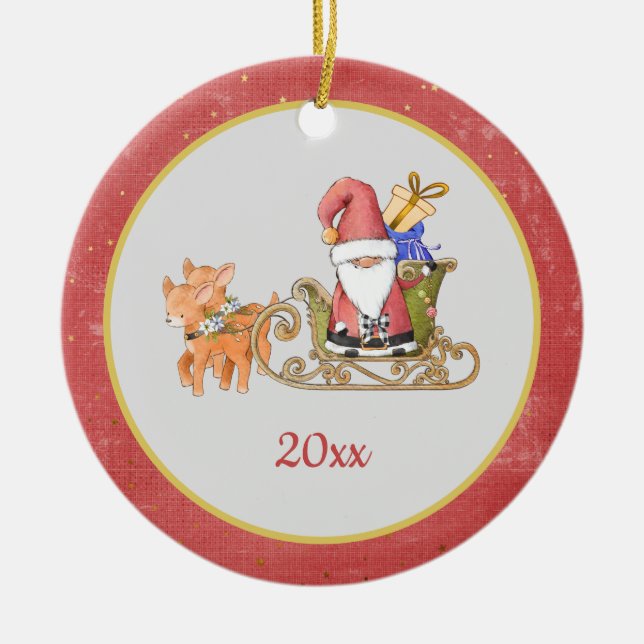 Santa Claus Reindeer Sleigh Year Name Ceramic Ornament (Front)