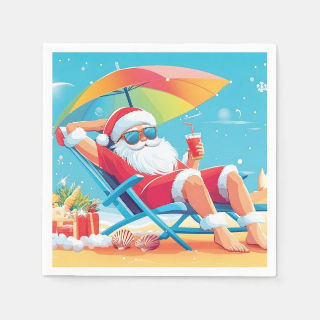 Santa Claus Relaxing on a Tropical Beach Sunbed  Napkins (Front)
