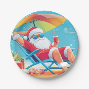 Santa Claus Relaxing on a Tropical Beach Sunbed Paper Plates