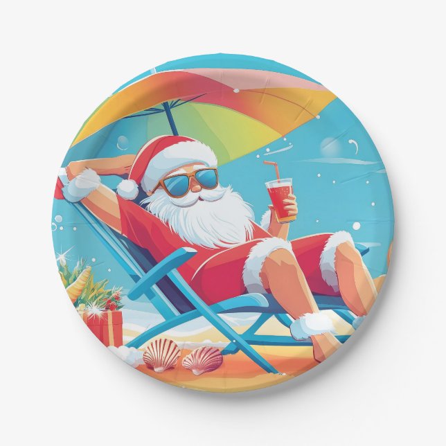 Santa Claus Relaxing on a Tropical Beach Sunbed  Paper Plates (Front)