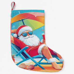 Santa Claus Relaxing on a Tropical Beach Sunbed Small Christmas Stocking