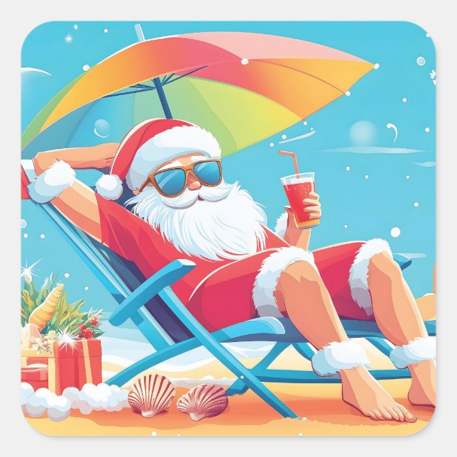 Santa Claus Relaxing on a Tropical Beach Sunbed  Square Sticker (Front)