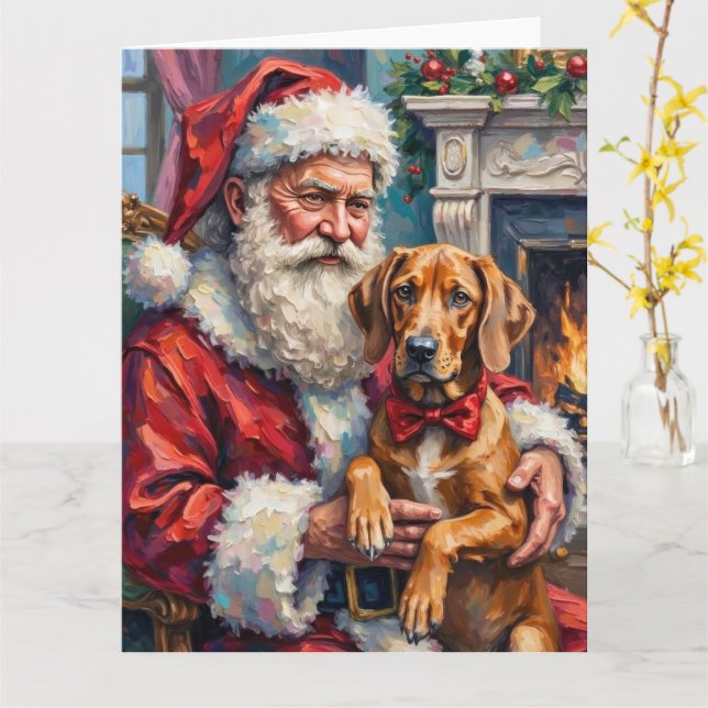 Santa Claus Rhodesian Ridgeback Christmas Art Card (Yellow Flower)