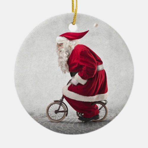 Santa Claus Rides A Bicycle Ceramic Ornament