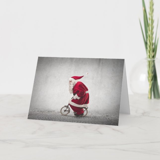 Santa Claus Rides A Bicycle Holiday Card (Front)