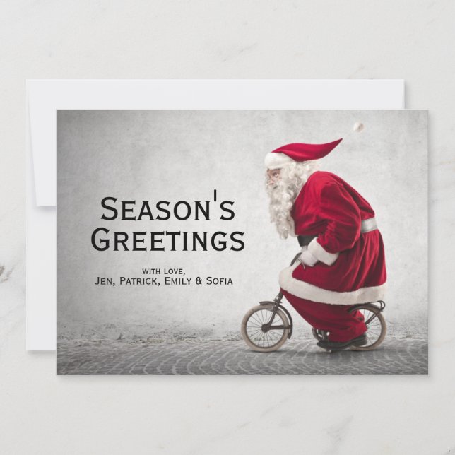 Santa Claus Rides A Bicycle Holiday Card (Front)