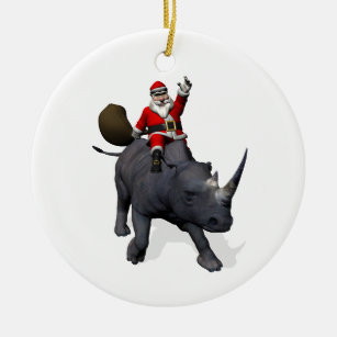Santa Claus Rides A Rhino Ceramic Ornament