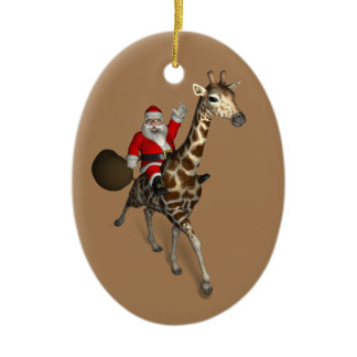 Santa Claus Rides A Sweet Giraffe Ceramic Ornament