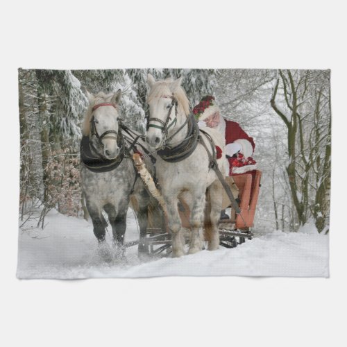 Santa Claus rides in a Horse sleigh Kitchen Towel