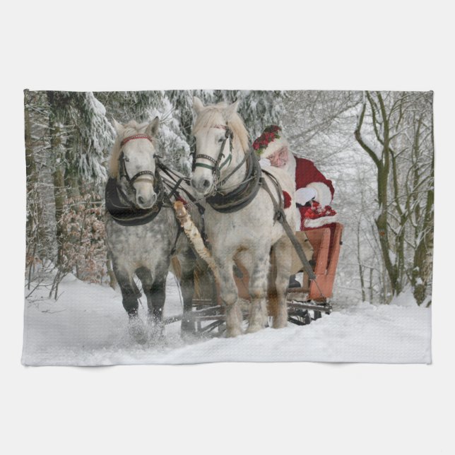 Santa Claus rides in a Horse sleigh Kitchen Towel (Horizontal)