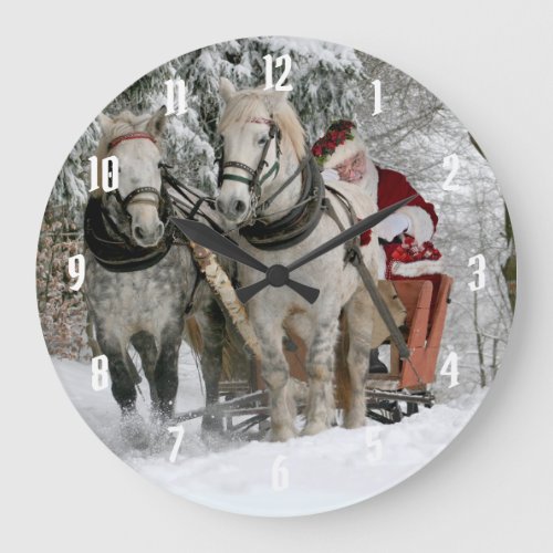 Santa Claus rides in a Horse sleigh Large Clock